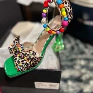Betsey Johnson Leopard Print Heels with Green and Multicolor Accents